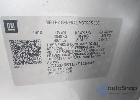 2019 Chevrolet Malibu Lt из США, поврежденный, VIN 1G1ZD5ST8KF110447